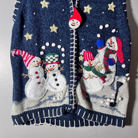 Carolina Colours Christmas Sweater Vest Snowmen Santa Stars Blue Size Small - Picture 4 of 7
